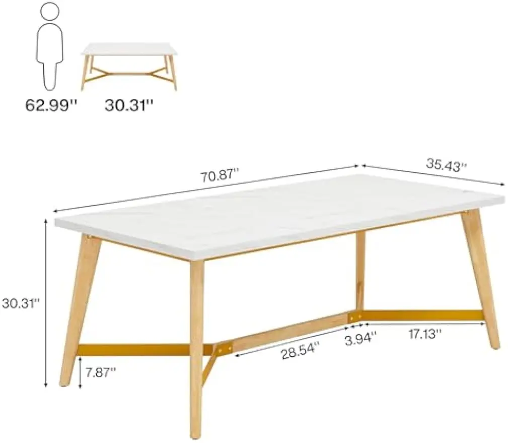 Dining Table for 6-8 People, 70.9 Inch Rectangular Kitchen Table w/ Solid Wood Legs, Faux Marble Wood Modern Large Dinner Table