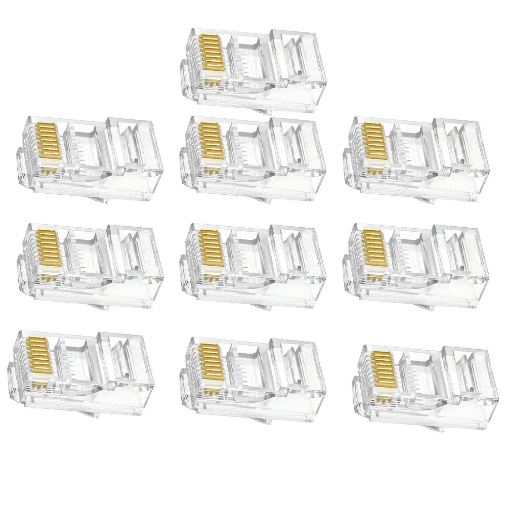 100Pcs Rj45 Crimp Connectors Gold Plated Cat6 Network Cable Plugs Copper Pc Material Ends for Custom Lan Cables Cat5e Cable