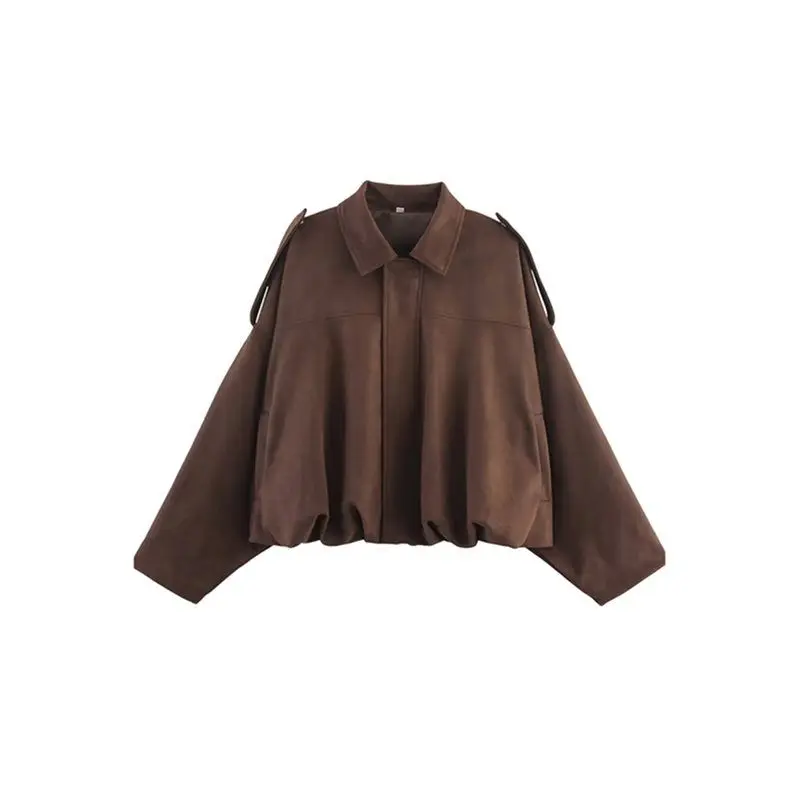 BMBY-Women's Faux Suede Jacket With Pocket Lapel Pilot Coat Casual Oversized Long Sleeves Trendy Streetwear Coffee M
