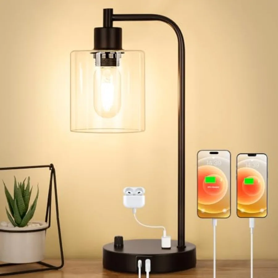 Industrial Table Lamp with USB A+C Ports and Outlet, Fully Stepless Dimmable Modern Nightstand Lamp, Glass Shade Bedside Desk L