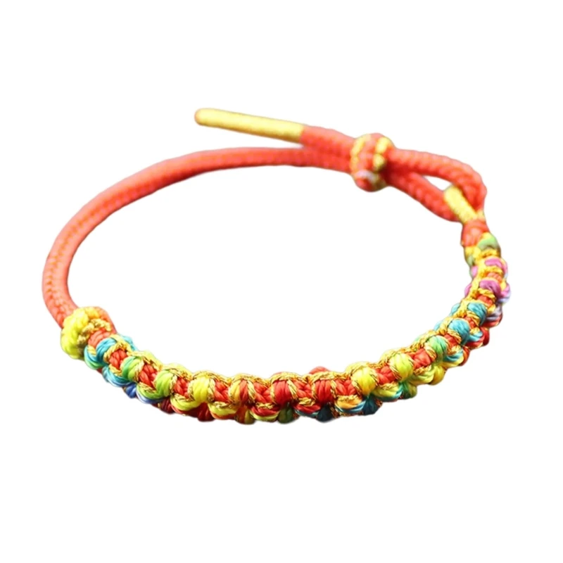 E0BF Hand Woven Peach Flower Bracelet Good Luck Charm Bangle Cotton Thread Handchain Traditional Craftsmanship Wristchain