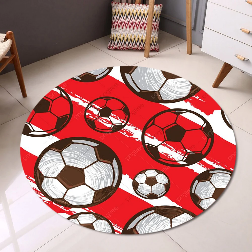 Red White Soccer Pattern Round Carpet Anti Skid Plush Easy Wash Perfect for Lounge Area Holiday Villa Energetic Sports Vibe