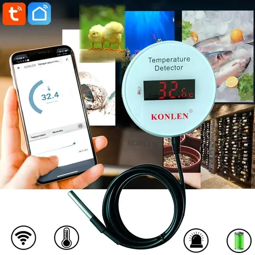 Imagen 2 del producto KONLEN Tuya Wifi Sensor de temperatura 3m sonda cable termómetro Digital vida inteligente hogar agua piscina congelador termostato alarma remota