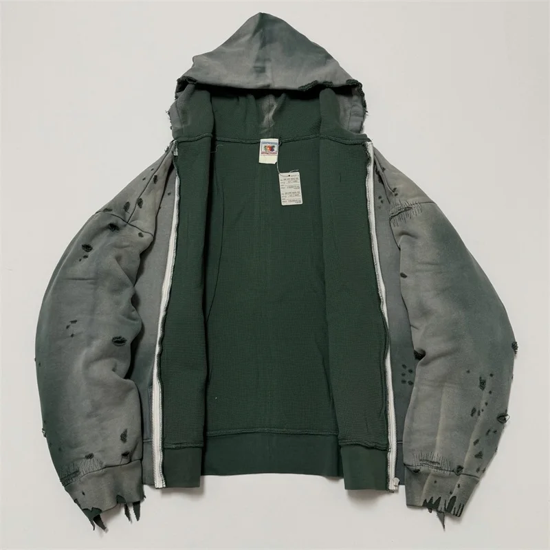 Hole Vintage SAINT Mxxxxxx Chaquetas con cremallera oversize para hombre y mujer, 1:1, la mejor calidad, tela gruesa, sudaderas con capucha verde lavado tipo Waffle