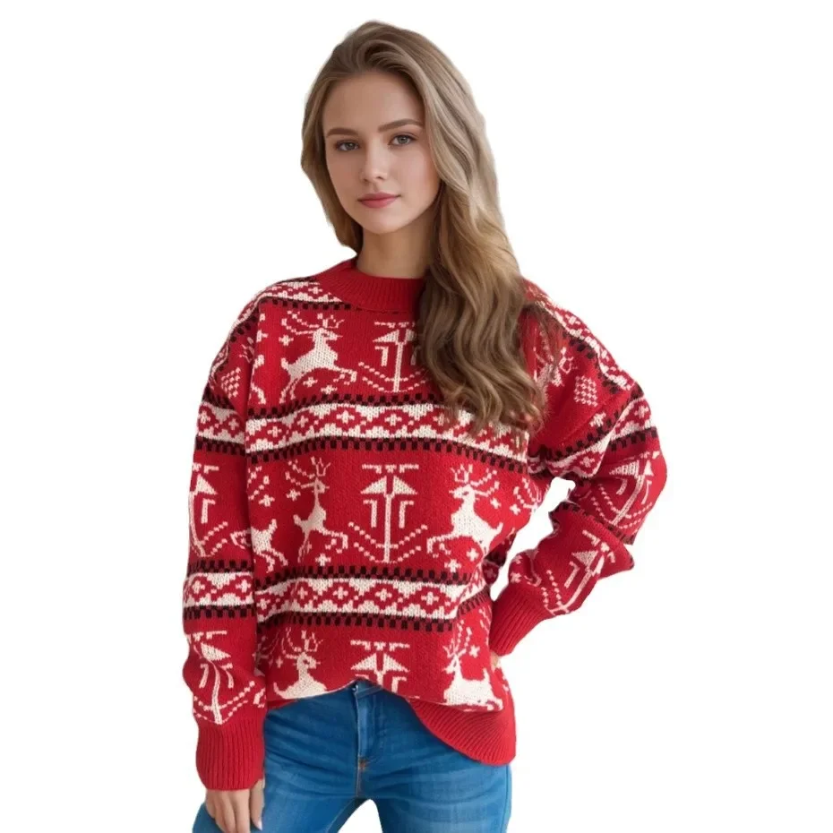 2024 عبر الحدود الأمازون الخريف/الشتاء عيد الميلاد سترة جولة الرقبة بلوفر مغزول المرأة مع نمط الغزلان