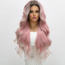 Peruca longa de renda frontal encaracolada para mulheres, cabelo com ondas grandes, cor rosa, branco natural, divisão central, estilo europeu e americano