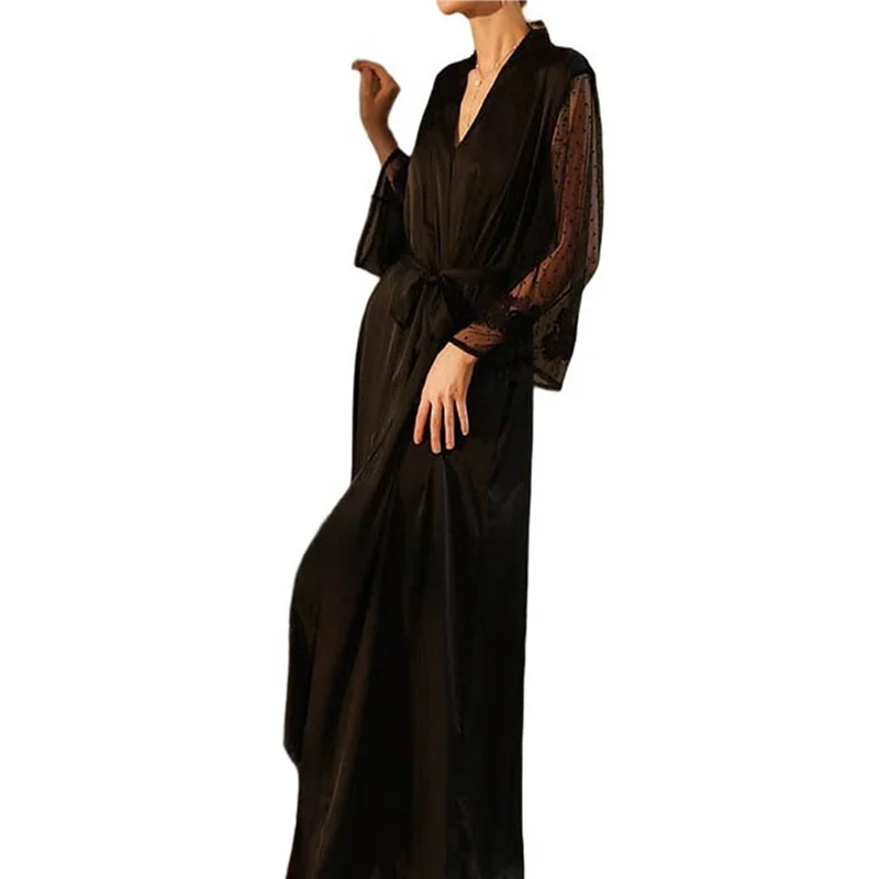 【ADORN】Women's Long-Sleeved V-Neck Satin Extra-Long Nightgown Spa Dressing Gown Bathrobe Nightgown Black L