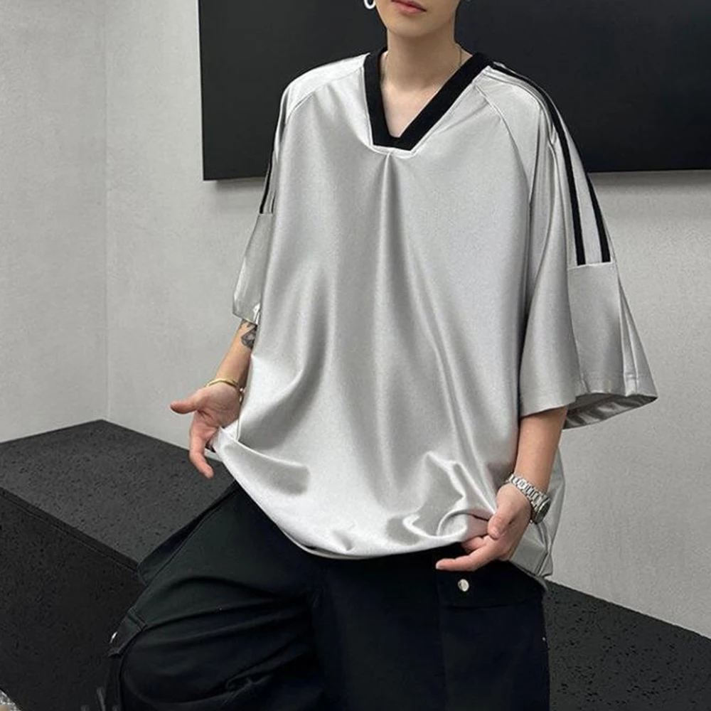 Summer Men's Color Matching Shiny Short-Sleeved T-Shirt American Retro Fashion Trend Casual Loose Breathable Niche Men's Tops
