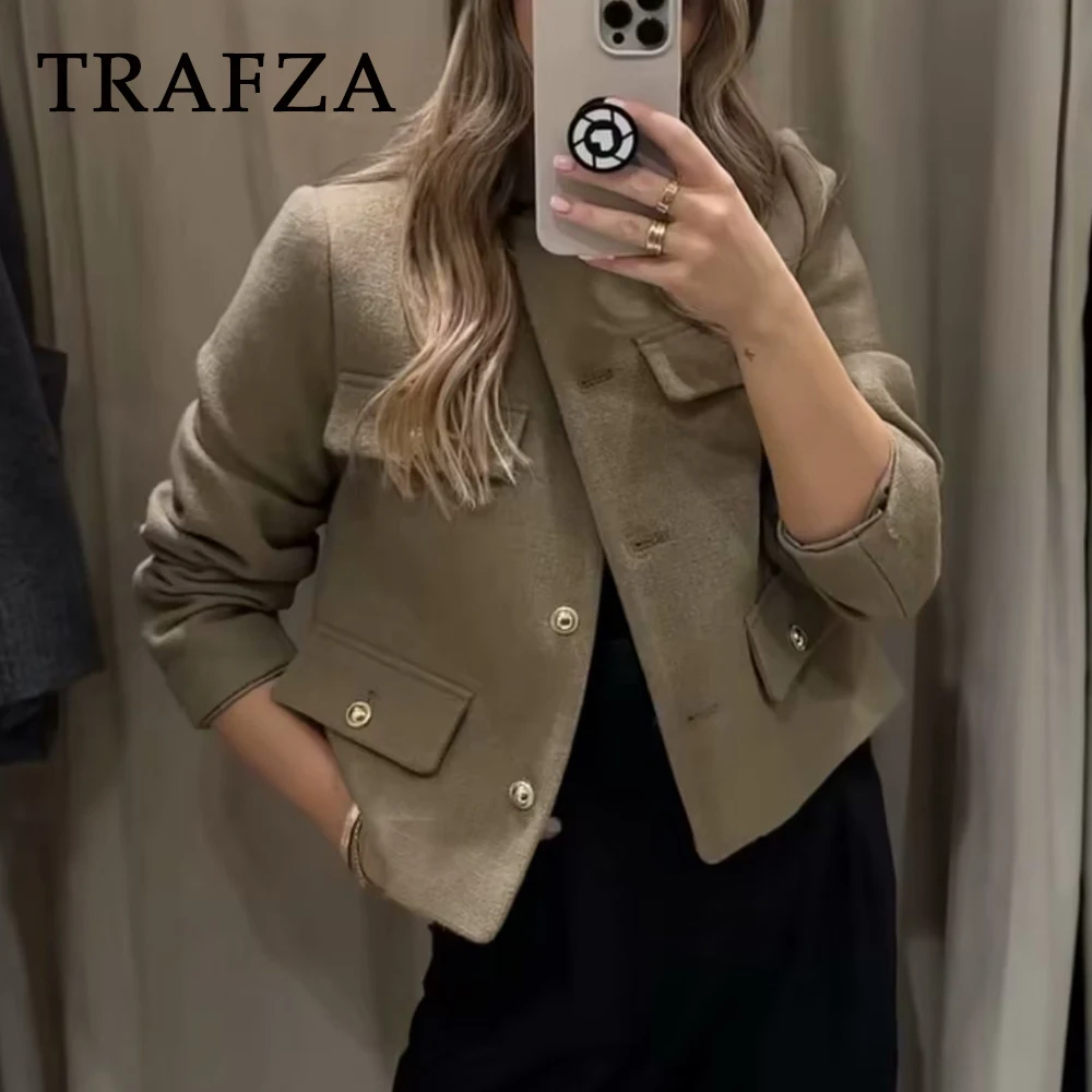 TRAFZA 2023 Autumn Winter Women Tweed Buttons Jackets Solid O Neck Single Breasted Coats Women's Vintage Clothes Korean Stylish