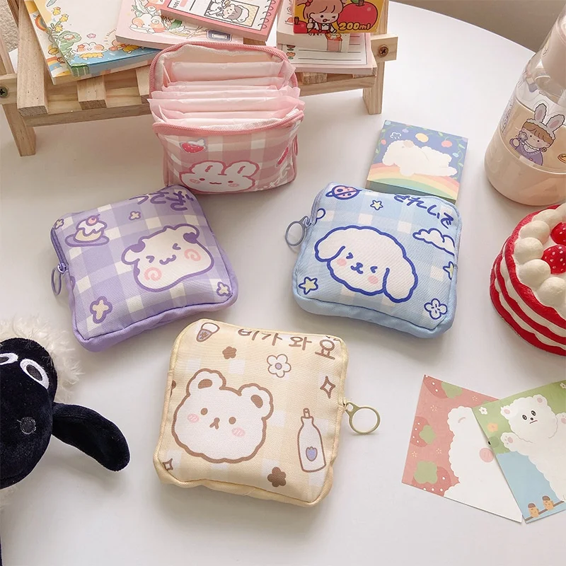 Korean Cute Bear Sanitary Napkin Storage Bags Girls Cartoon Physiological Period Tampon Organiser Bag Mini Bag Zipper Coin Purse