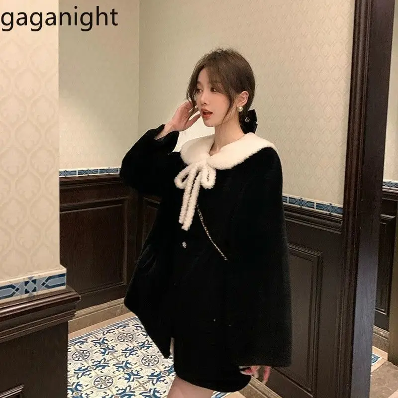 Gaganight Women Black Mink Fur Coat Women's 2024 Winter New Hot Item Cotton Thickened Faux Fur Rabbit Hair Brushed Flower Collar