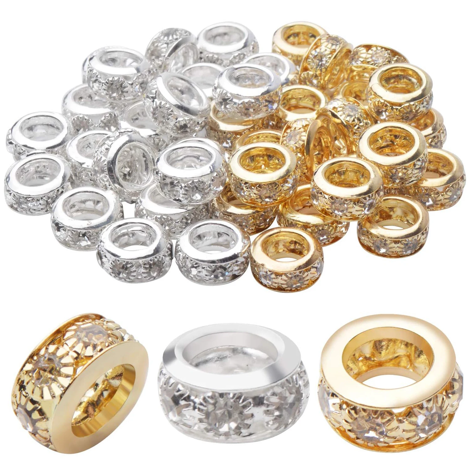 

Large Hole Rhinestone Spacer Beads, 40pcs 10mm Crystal Pave Brass Rondelle Beads Fit European Bracelet Snake Chain Jewelry DIY