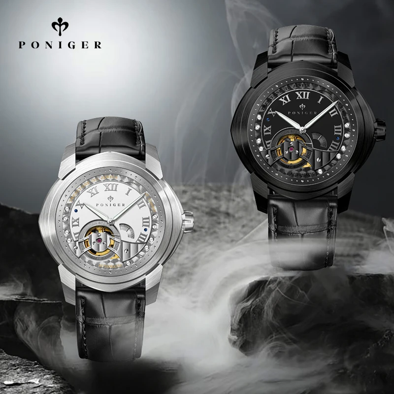 PONIGER 45mm Orologio da uomo 5ATM Impermeabile Scheletro Design meccanico Lancette luminose Orologio automatico da uomo