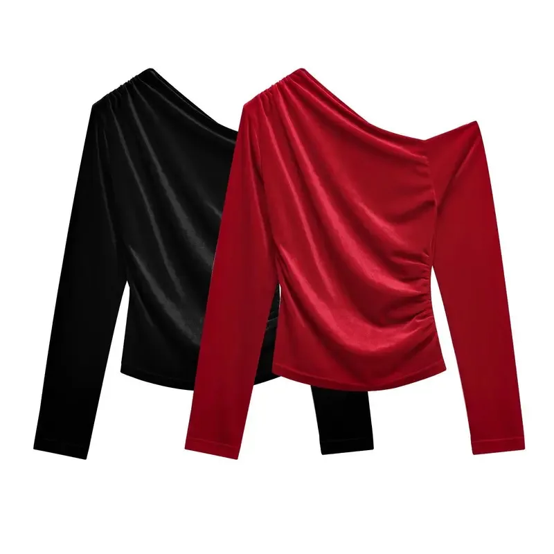 

Velvet Vintage Asymmetric Cropped Top for Women Long Sleeve Slim Fit Elegant Shirt in Red/Black Colors
