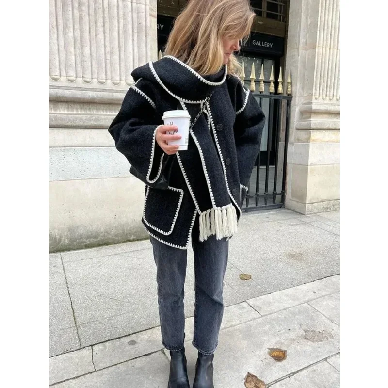 Autumn Winter Women\'s Coat With Scarf Loose Long Sleeve Single Breasted Coats Female 2023 Fashion Match All Warm Lady Jacket