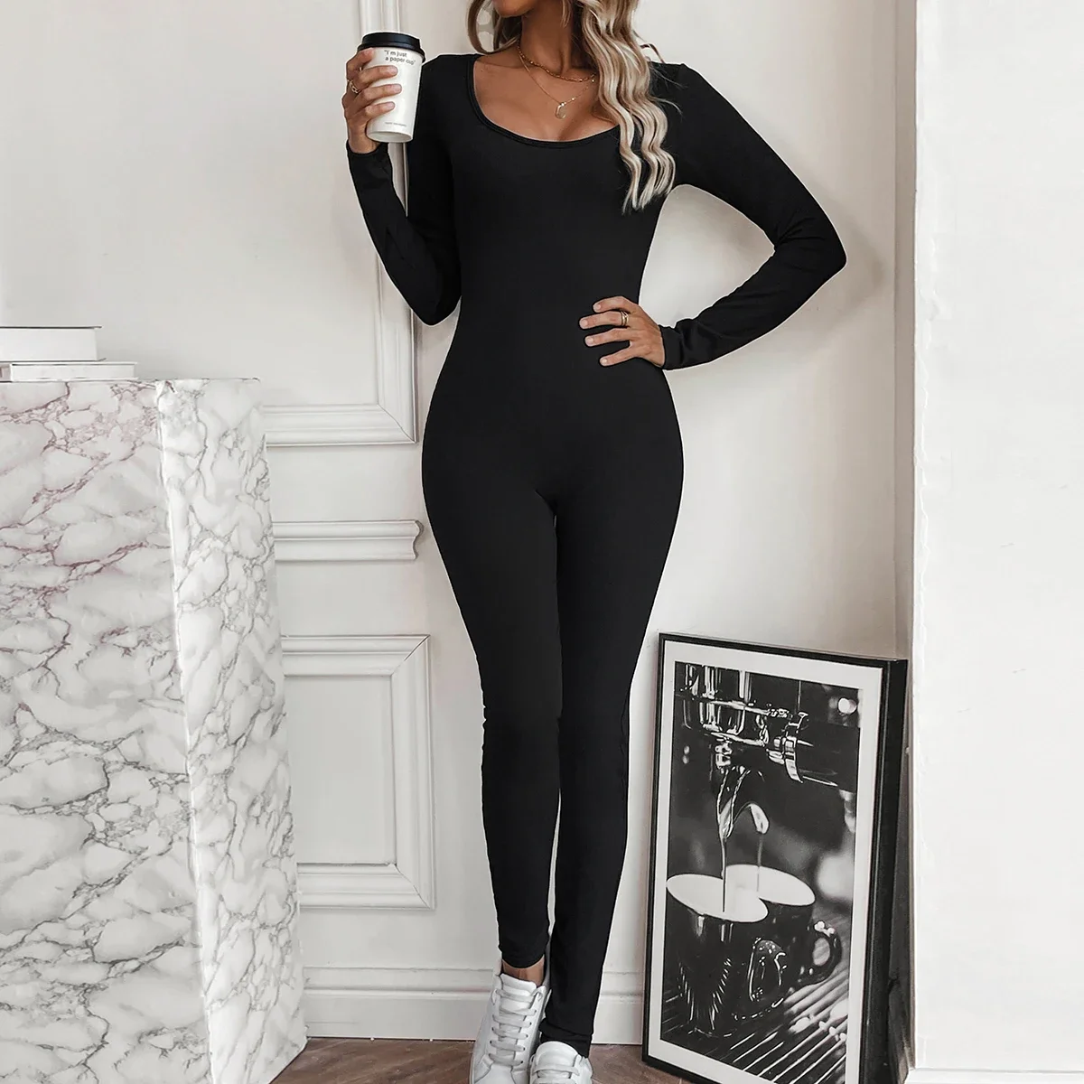 European and American sexy chest revealing waist cinching boat collar long sleeved small hole strip jumpsuit