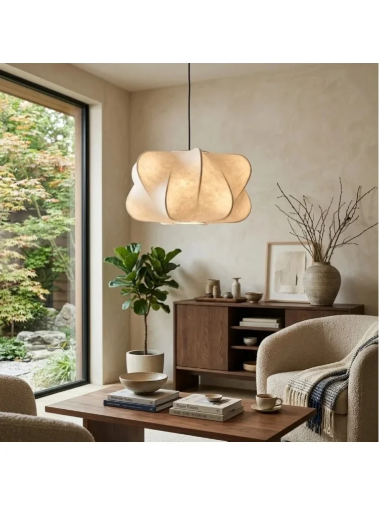 JOYINLED Seiden-Pendelleuchte, Wabi-Sabi-Kronleuchter im japanischen Stil, handgefertigter Stoffschirm, Deckenlampe für Wohnzimmer, Schlafzimmer, Esszimmer, Geschäft, Bar, Salon, Café, moderne