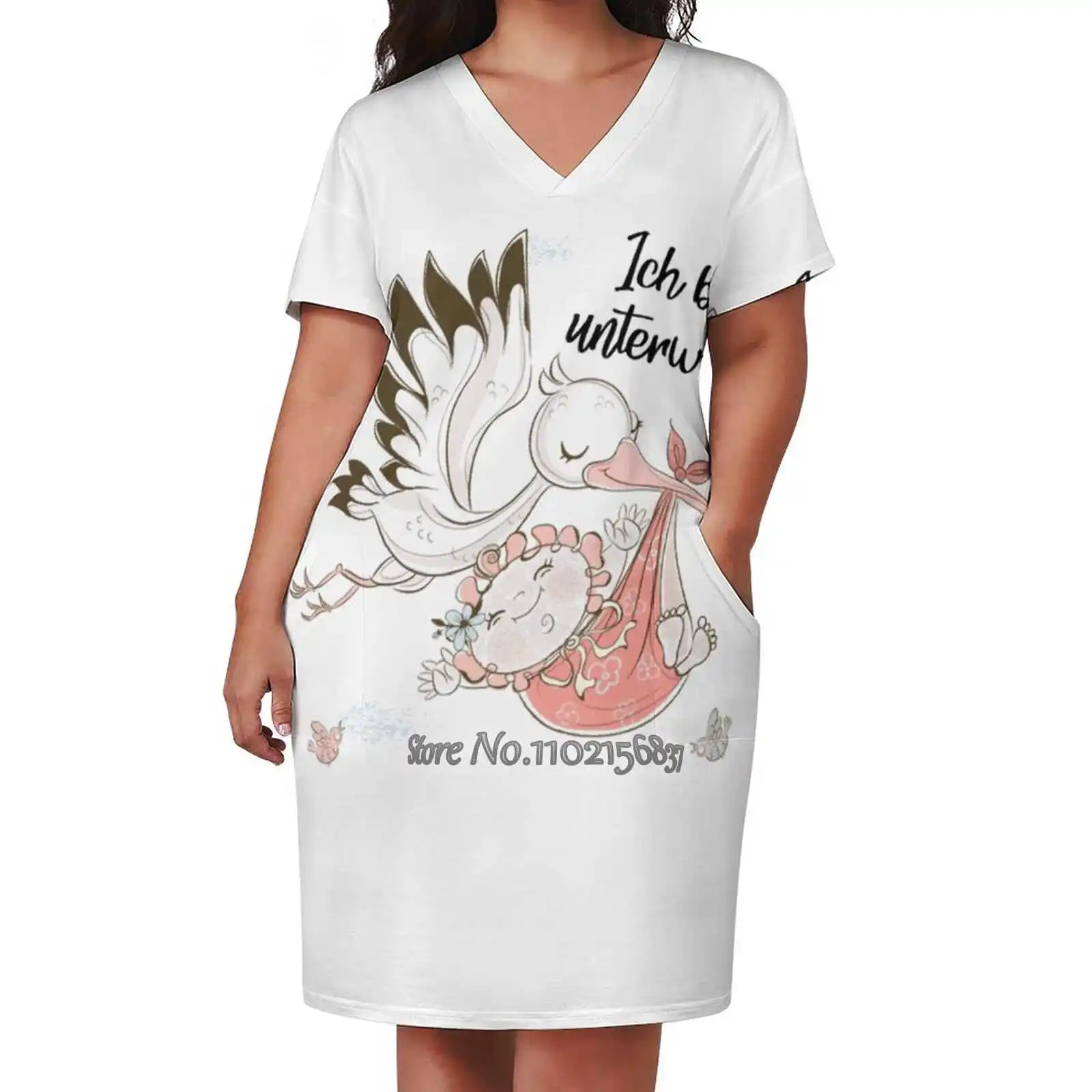 Stork Child T - Shirt Stickers Animals 98983 V-Neck Short Sleeve Dress A-Line Skirt Women'S Clothing Office Lady Elegant Skirt