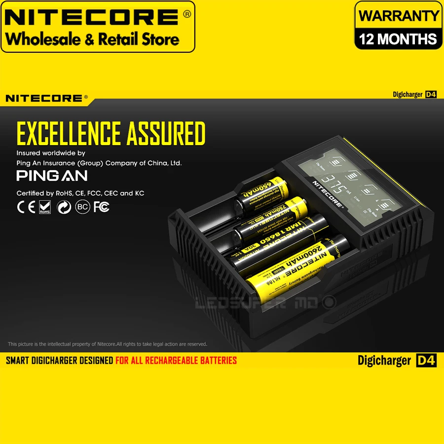 

ЖК-дисплей Nitecore D4 умное зарядное устройство/Digicharger для всех аккумуляторных батарей