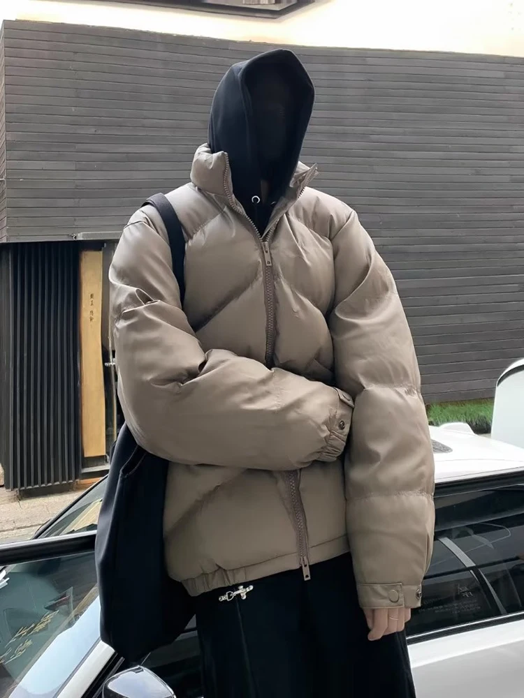 Korean Style Stand Collar Thickened down Cotton Jacket Men's Winter High-End PU Leather Bread Style Coat Warmth Youth Fashion