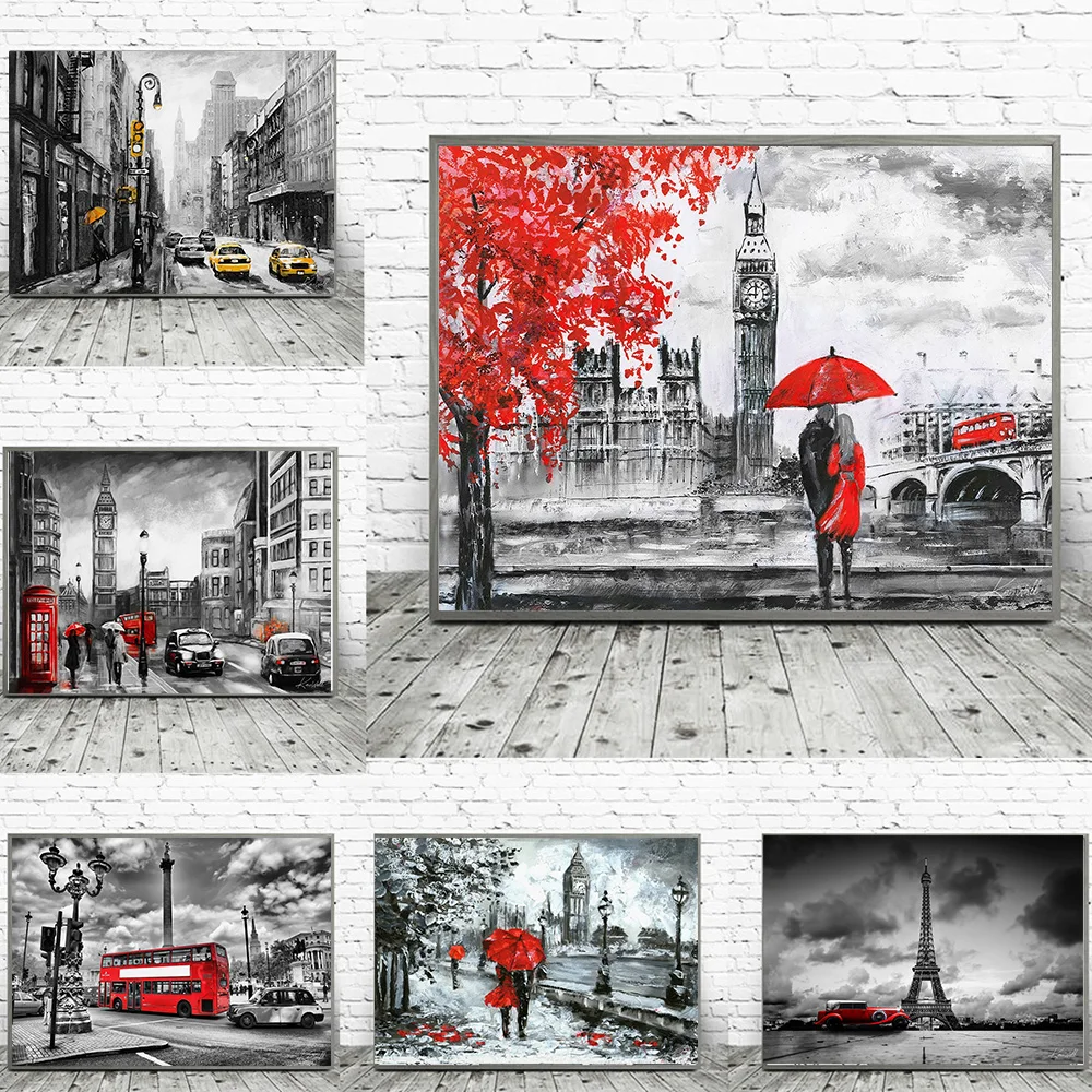 2026 Paris Couples Walking Landscape Canvas Art Painting Modern City Abstract Eiffel Tower Watercolor Graffiti Poster Wall Home