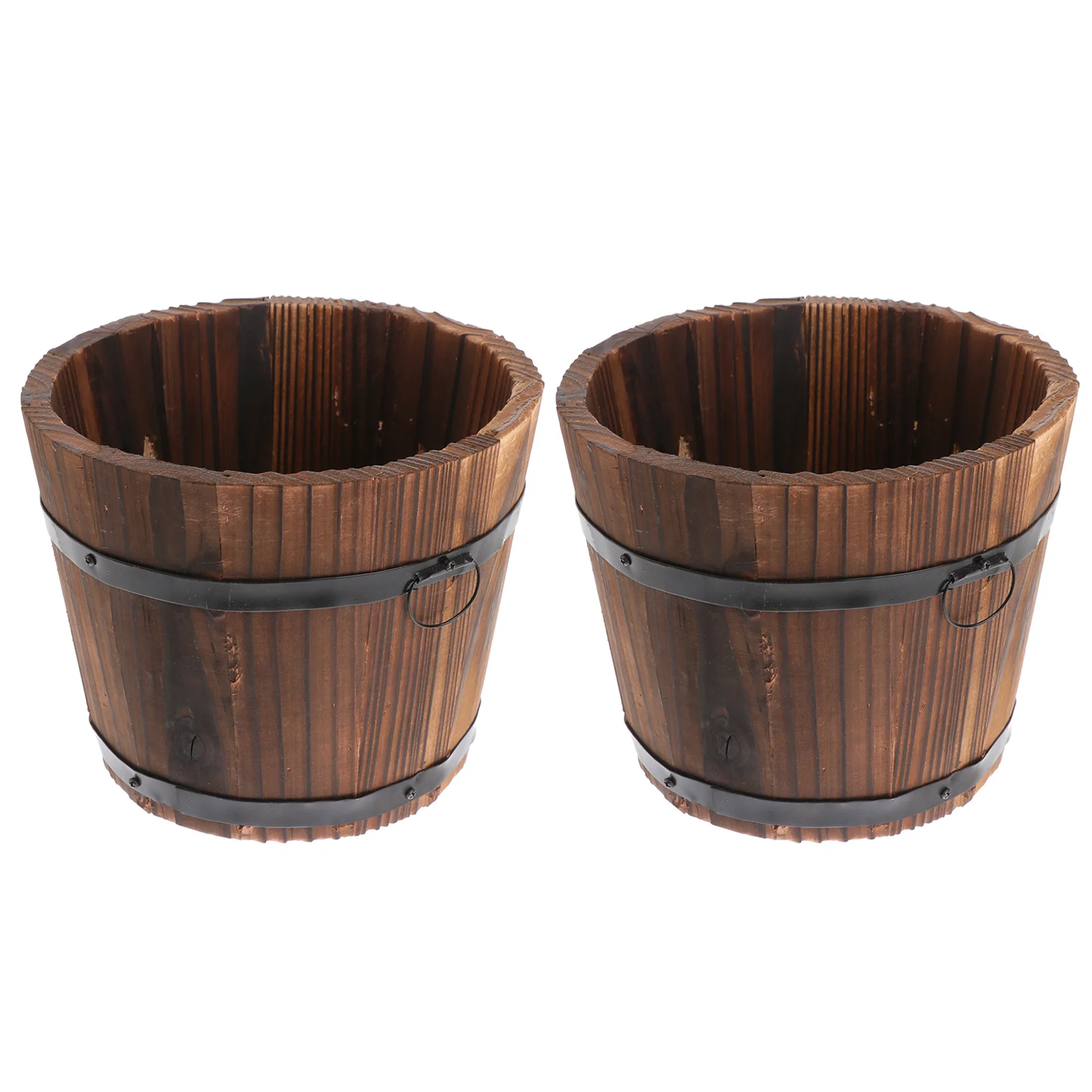 

2pcs Wooden Round Barrel Flower Pot Eco Friendly Carbonized Wood Planter Durable Decor Succulent Planter Plant