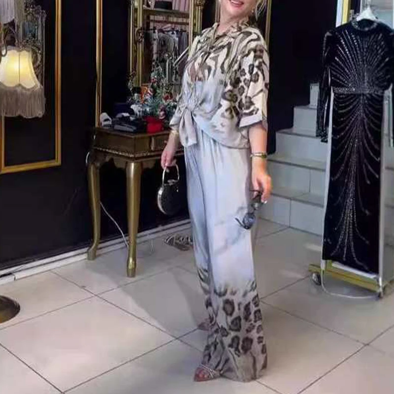 Women's Elegant Button Leopard Print Ptchwork Fashion Loose Set Retro 3/4 Sleeve Lace Up Top & slit Wide Leg Pants 2 piecear Set