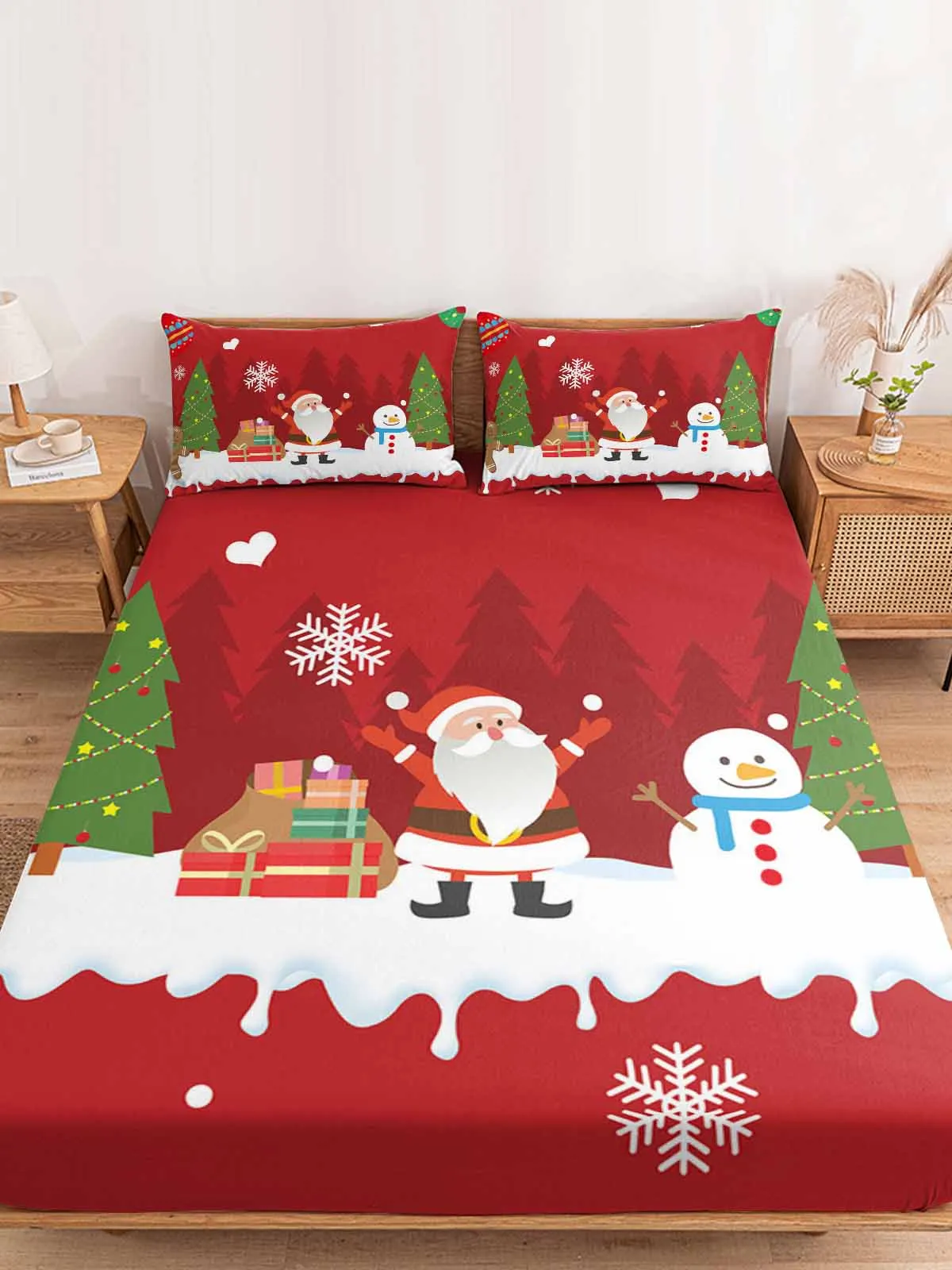 

Red Christmas Carnival Santa Claus Snowman Queen Bed Mattress Fitted sheet Elastic Rubber Band Non-slip Bed Sheet Pillowcase Set