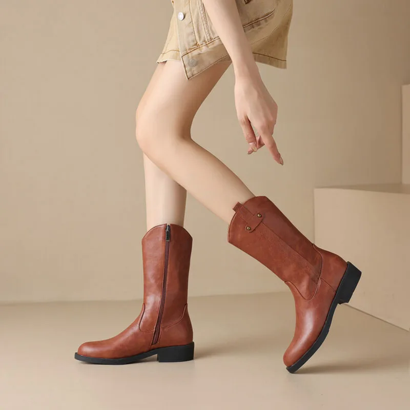 

Retro Women's Knight Boots Low Heel Mid-calf Boots Solid Color Autumn Winter Female Short Botas Casual Ladies Shoes WSH5428