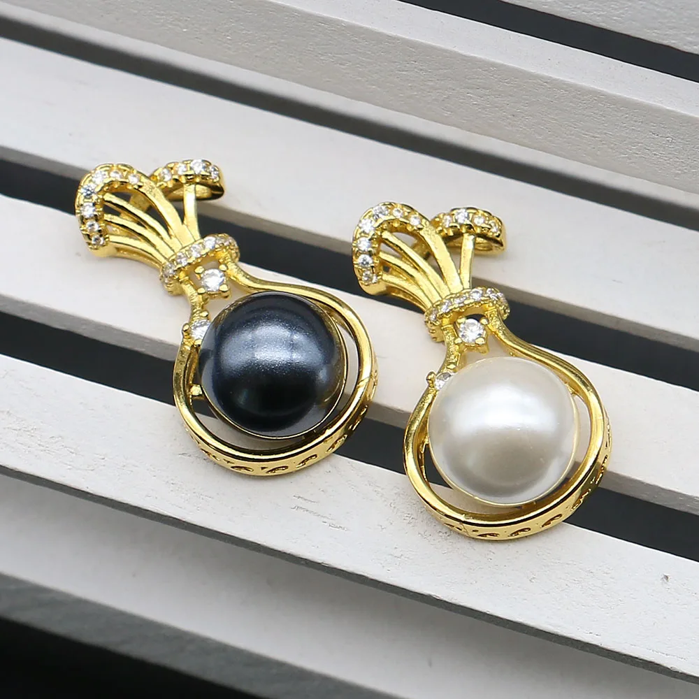 Round Shell Pearl Pendants Lucky Bag Shape Cut Out Inlaid Imitation Pearl Design Charms DIY Necklace Jewelry Accessory 1 Pc/pack