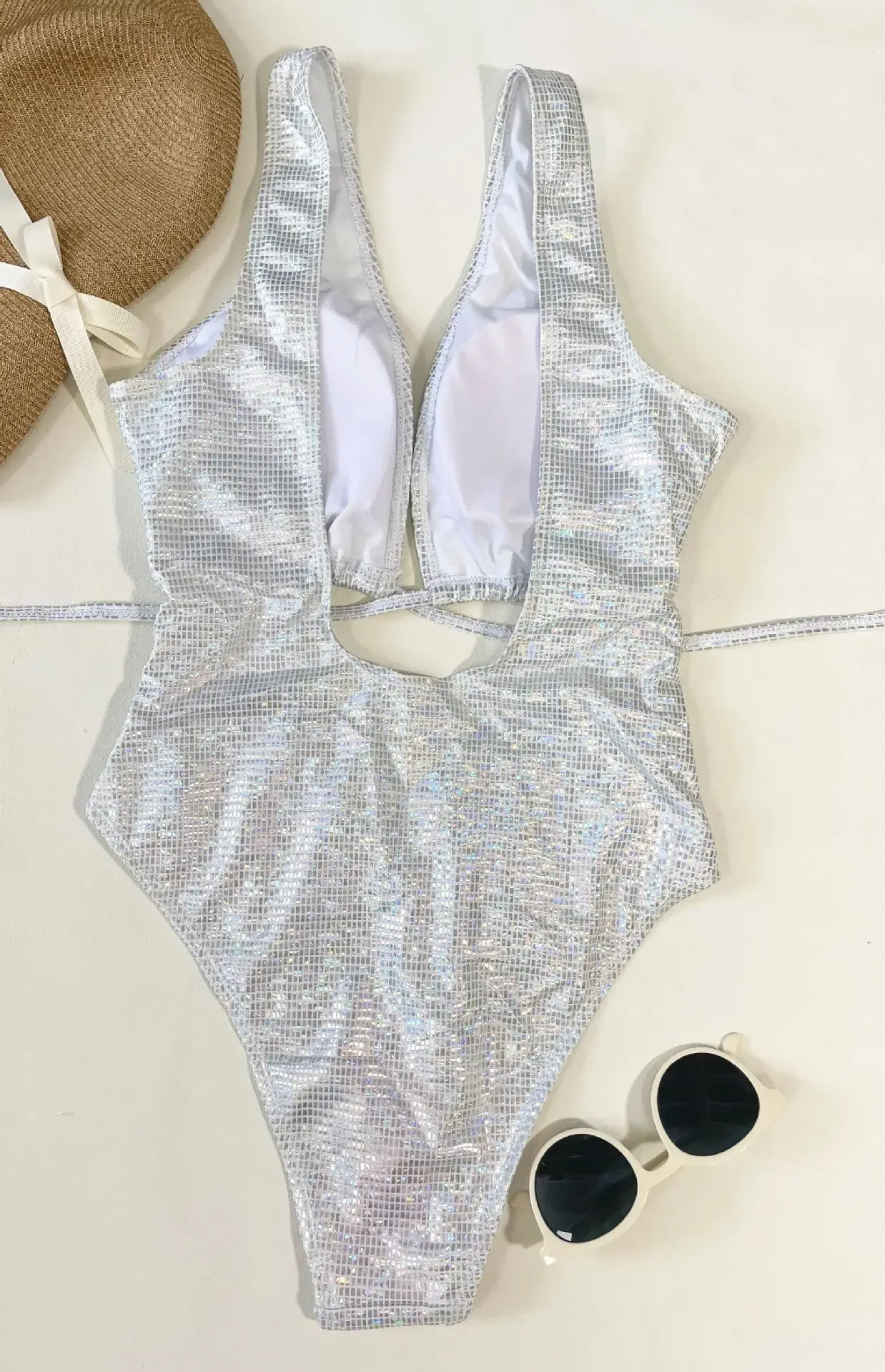 Sexy Metallic-Silber-Badeanzug, einteilig, aushöhlen, rückenfrei, Bikinis, Bademode, Badeanzüge, Strand-Outfits, Bodysuit, Biquini, Tankini
