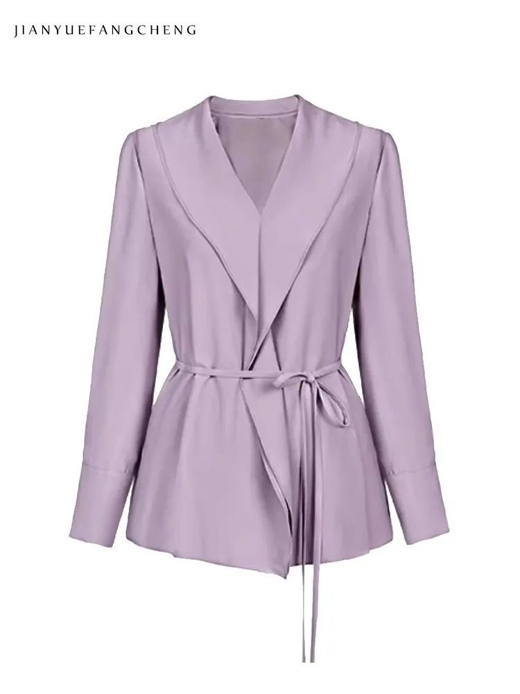 Mode Frauen Frühling Sommer hellviolett Langarm Freizeit hemd mit Gürtel weiche haut freundliche Bluse elegante schlanke Damen oberteile