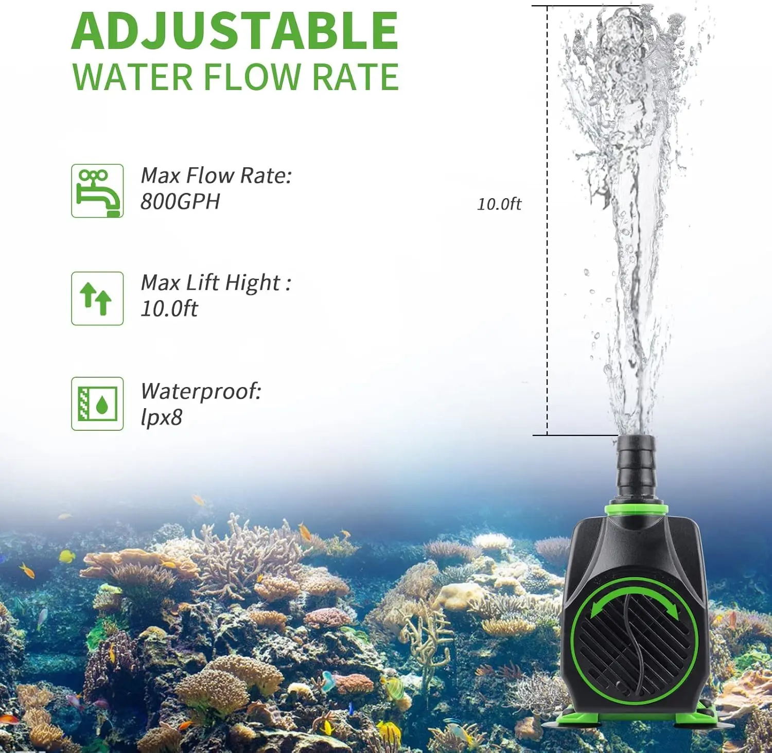 FESEA 45W Ultra Quiet Submersible Water Pump 800GPH Adjustable Aquarium Fountain 3 Nozzles for Fish Tank Outdoor Waterfall