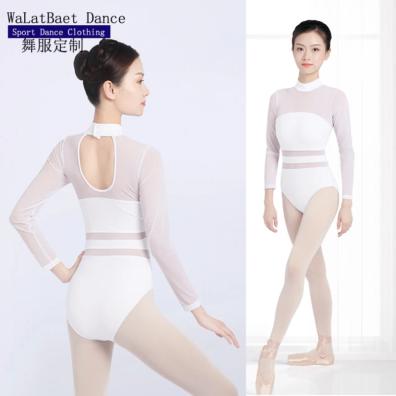 ชุดว่ายน้ำผู้ใหญ่สำหรับเต้นบัลเล่ต์ leotards สำหรับเด็กผู้หญิงยิมนาสติกนางระบำชุดเต้นรำคลาสสิกแขนยาวตาข่ายที่ดี