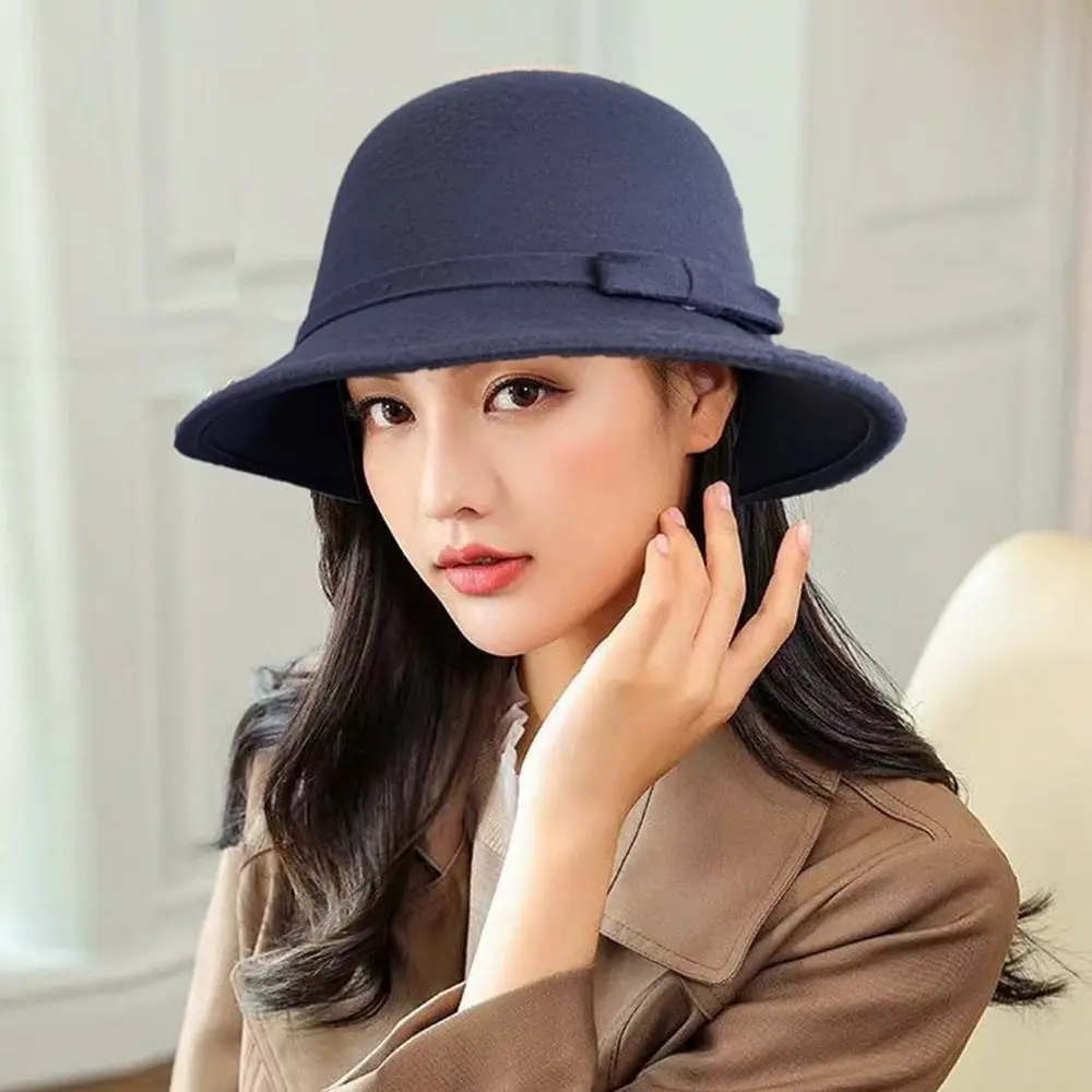 Autumn Winter Vintage Felt Fedora Hats Dome Bowknot Panama Cap Elegant Soft Bucket Cap for Women