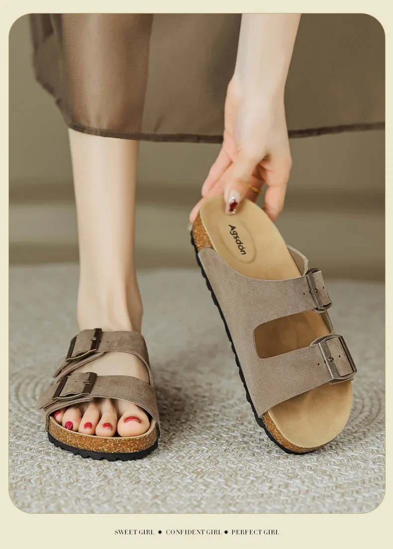 European and American single open-toe flat slippers double buckle beach platform comfortable large-size women's shoes