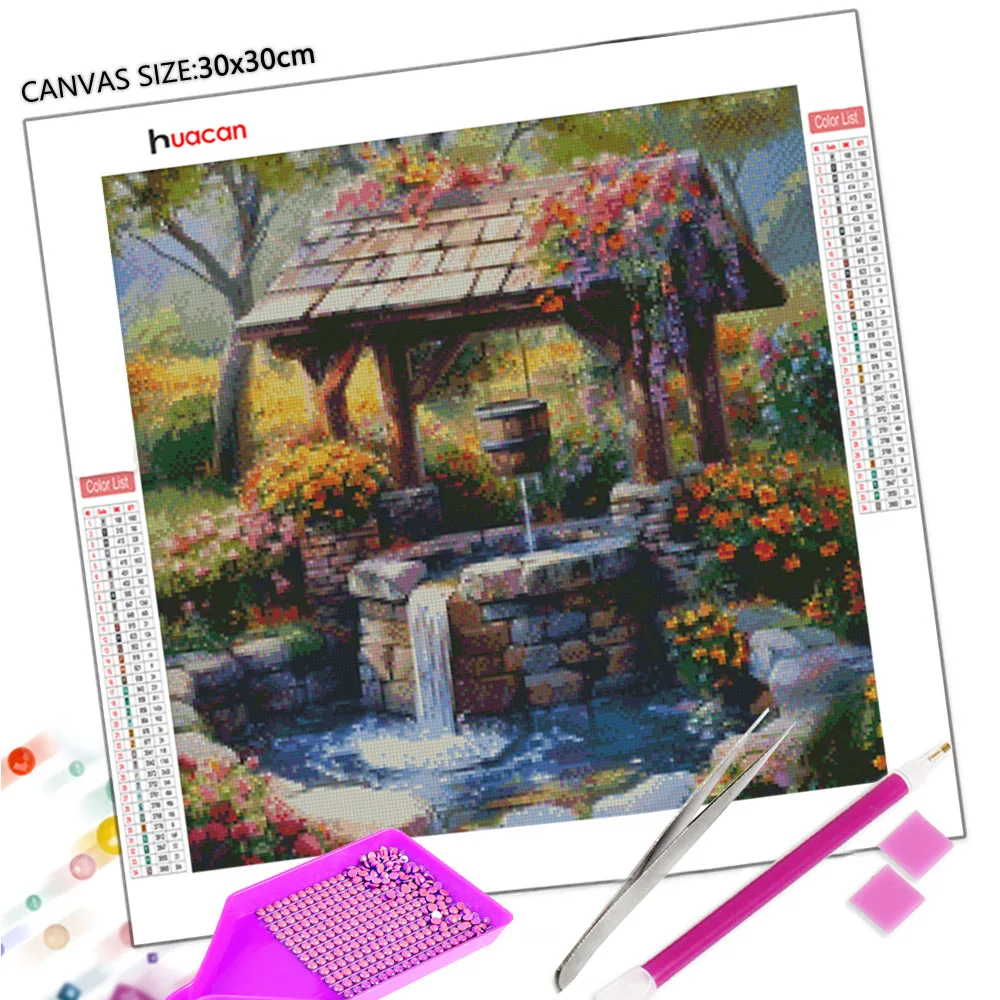 Huacan Full Drill DIY Diamond Painting Garden Stone Well Diamond Embroidery Flower Landscape New Collection Rhinestone Pictures