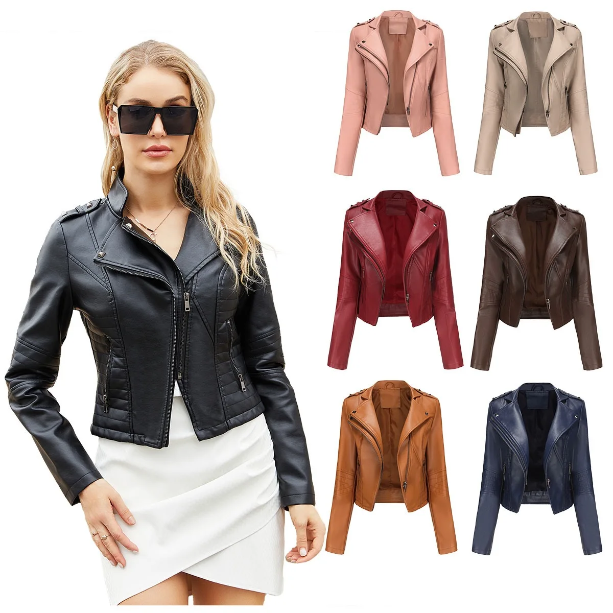 

New Style Women's Biker Jacket Spring Autumn Long Sleeve Zipper Leather Coat Rivet Short Size Fashion Outerwear Coat