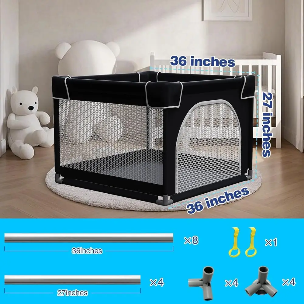 Portable Toddler Playpen with Mat, Compact Play Yard for Indoor & Outdoor, Durable Baby Safety Enclosure (Black, 36x36)