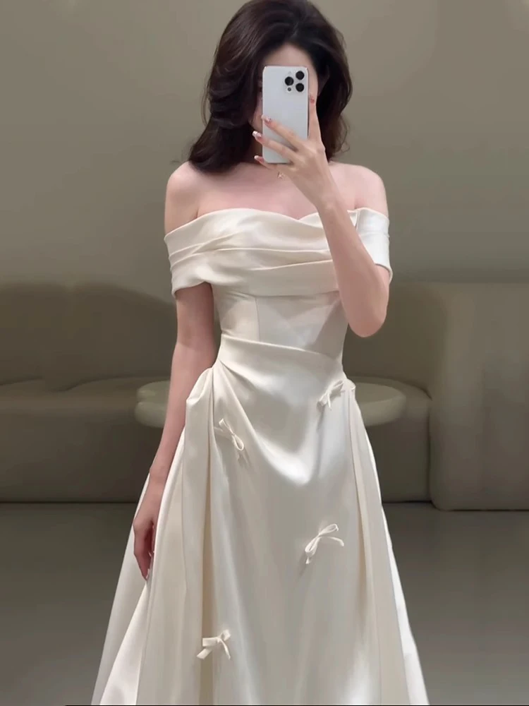 فستان زفاف فرنسي أنيق مثير خارج الكتف فستان زفاف عالي الخصر نحيف على شكل حرف a بفيونكة بيضاء فستان سهرة طويل للنساء #2