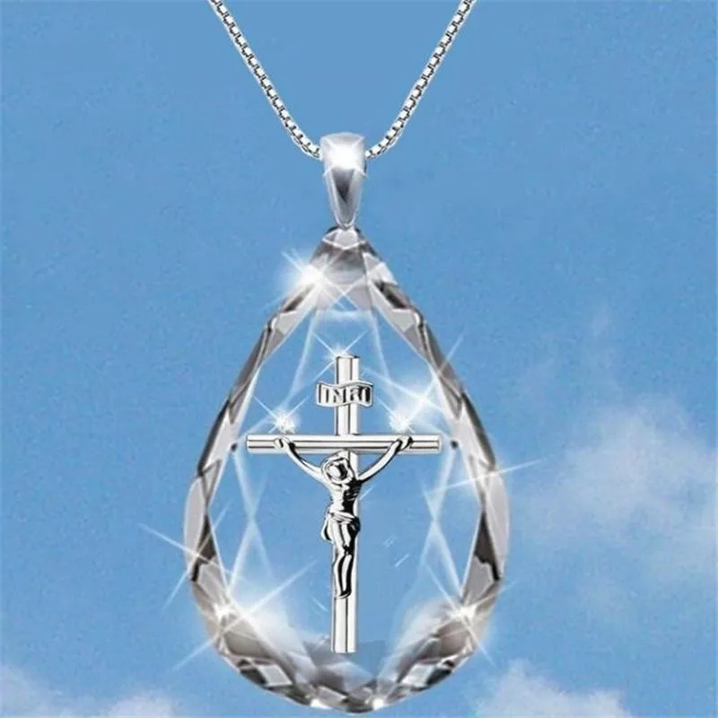 Transparent Crystal Cross The Passion of Jesus Pendant Necklace Christianity Catholicism Crucifix Believer Pendants Accessories