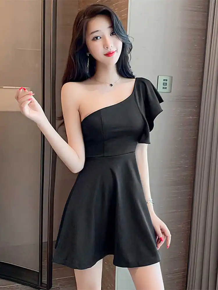 Bagnante a spalla singola a vita alta orm Sexy Nightclub Dr per le donne Pendolarismo coreano Sle Zipper A-Line ort Dr