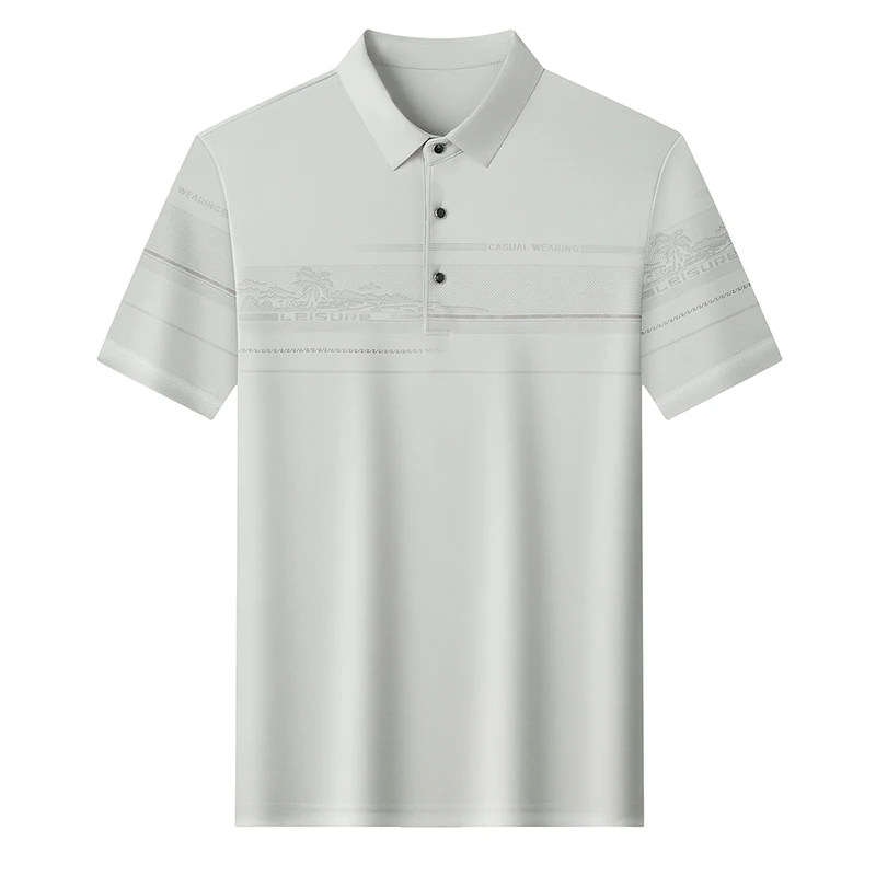 Summer Top 2026 Formal Polo Shirt Men Relaxed Fit Soft Plus Size Palm Tree Embossed Pattern Stretch Gentleman Papa Polo Tee Man
