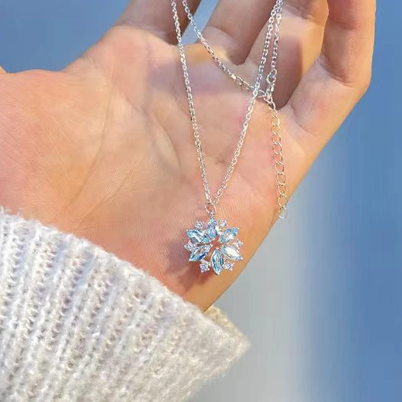 ANENJERY Silver Color Shiny Zircon Snowflake Flowers Pendant Necklace for Women Trendy Delicate Desgin Clavicle Chain Jewelry