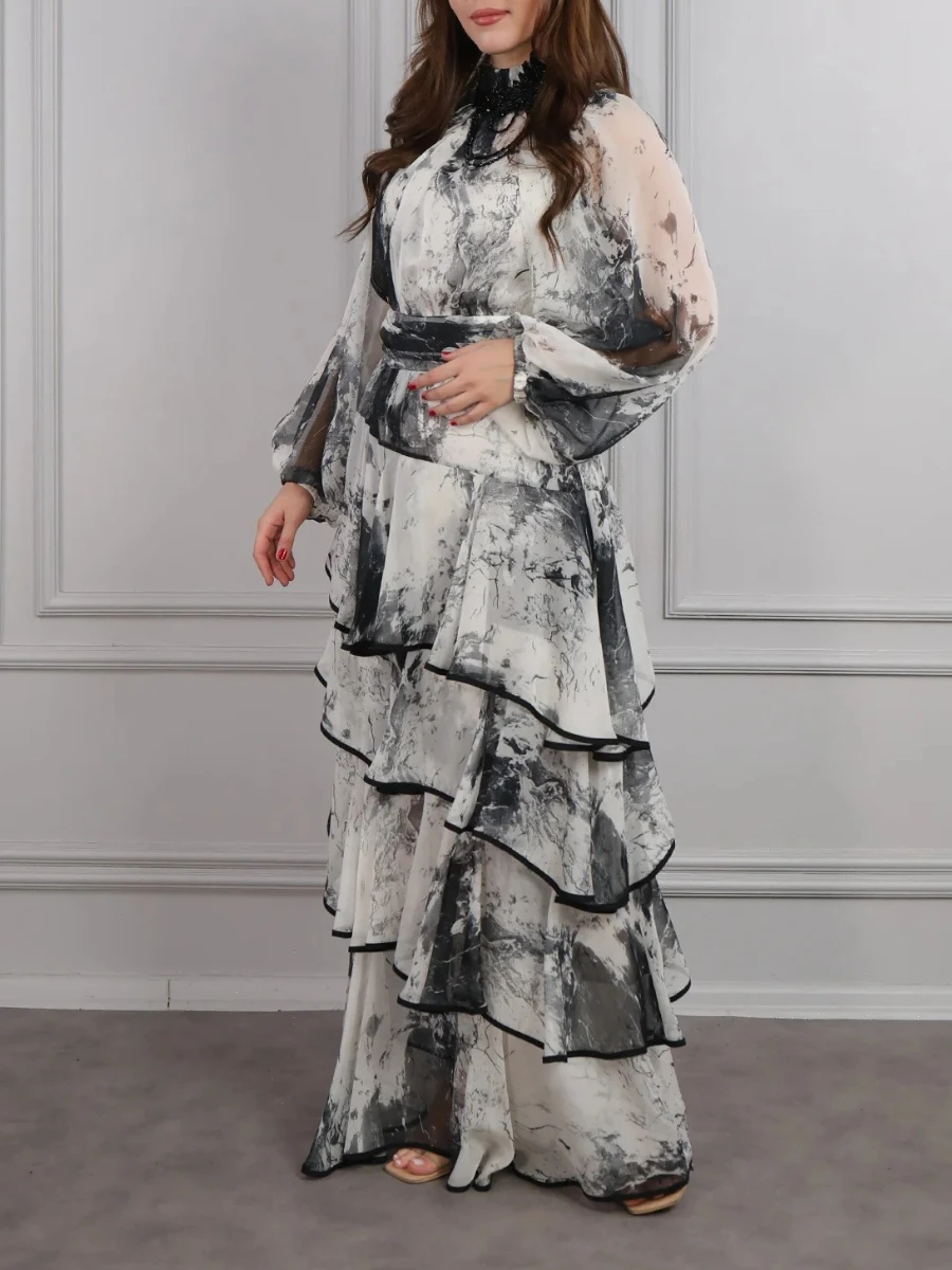 VGH หมึกพิมพ์ Spliced SHEER ชุดผู้หญิงคอยาวแขนยาวเอวสูง Patchwork Ruffles Maxi ชุดแฟชั่นหญิง
