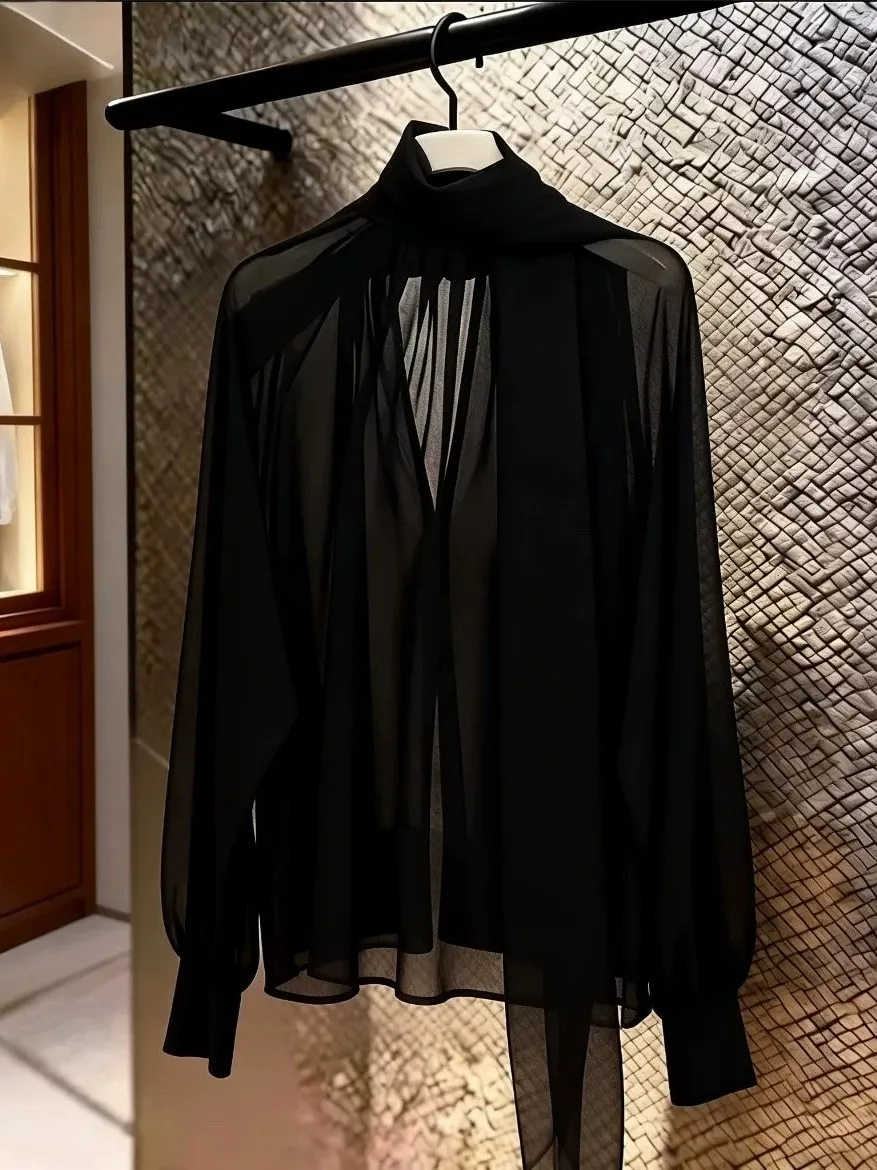Elegant Black Shirt Loose Casual Thin Semi-Transparent Autumn Fashionable Women's Premium Style Long Sleeve V-Neck Button-Up Top