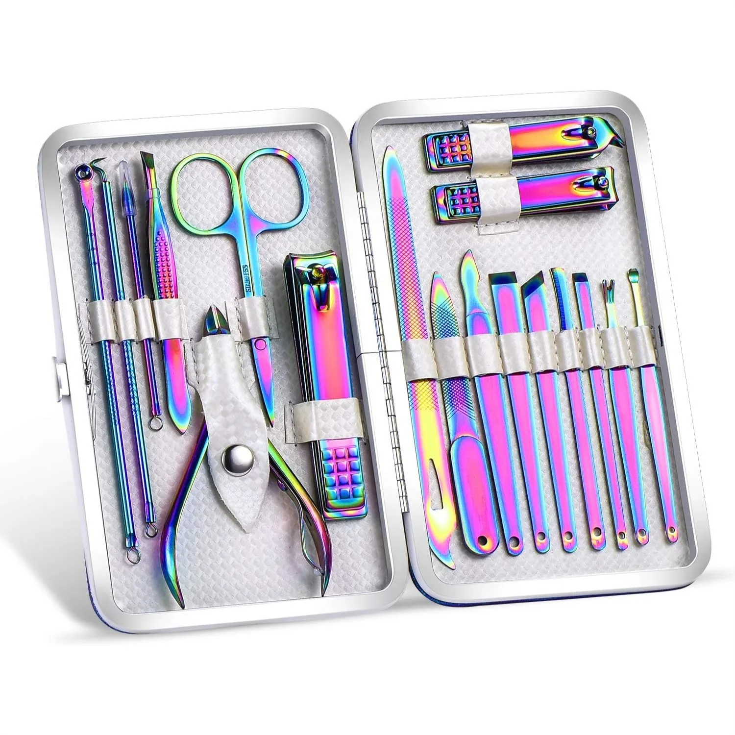 

Rainbow Manicure Kits 18 Pcs Nail Clippers Set for Women, Portable Leather Pedicure Kit with Stainless Steel Tools, Gift for Her