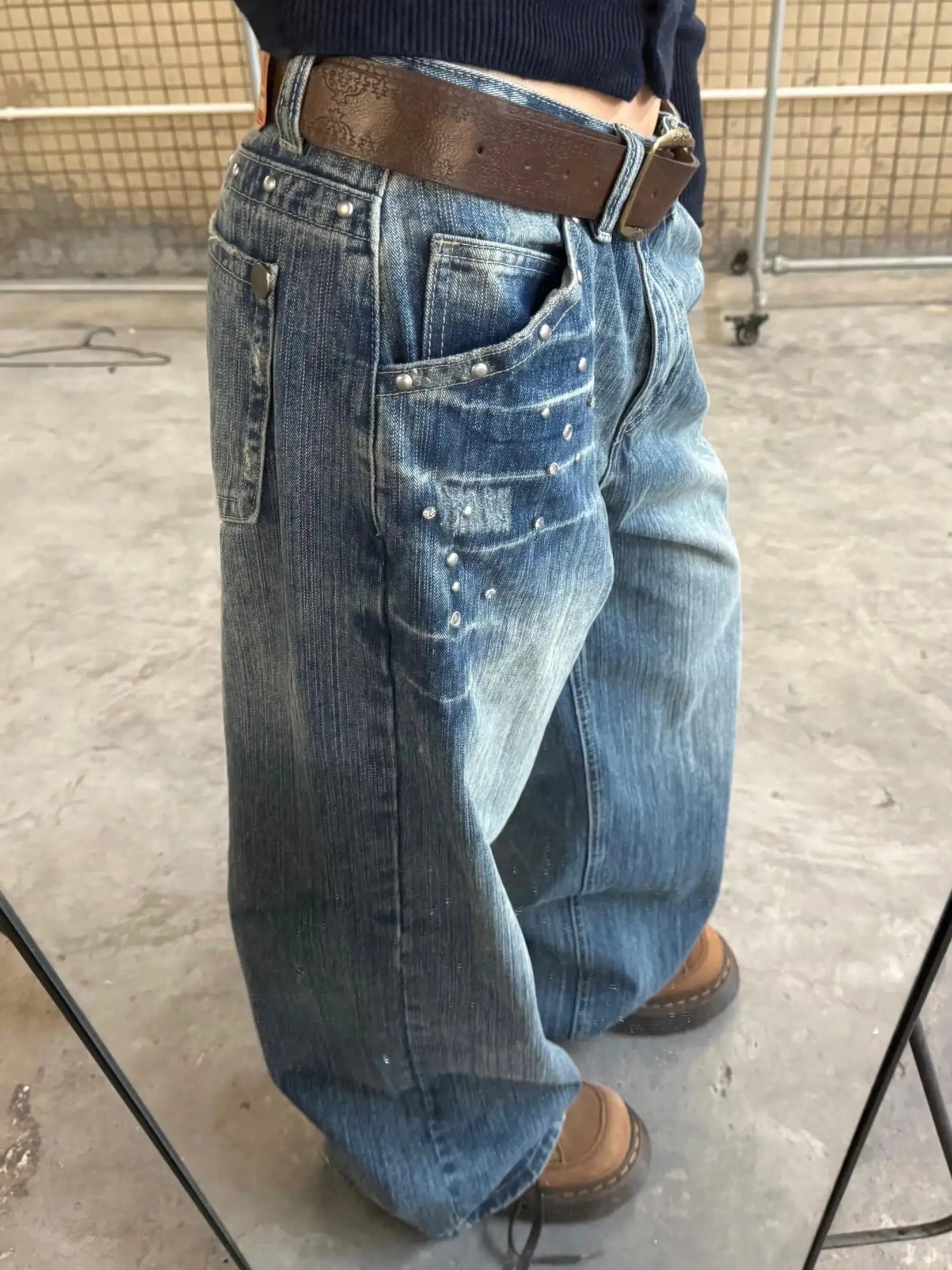 

American Retro Rivet Low Waist Straight Leg Jeans Women Sexy High Street Loose Slim Wide Leg Floor Length Pants