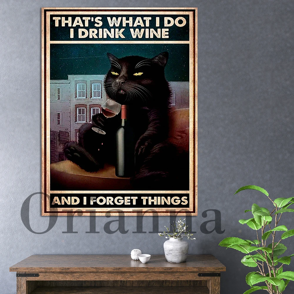 Wall Art That'S What I Do I Drink Wine And I Forget Things Black Cat Canvas Poster Vitnage Cute Black Cat Decor Home For Bedroom