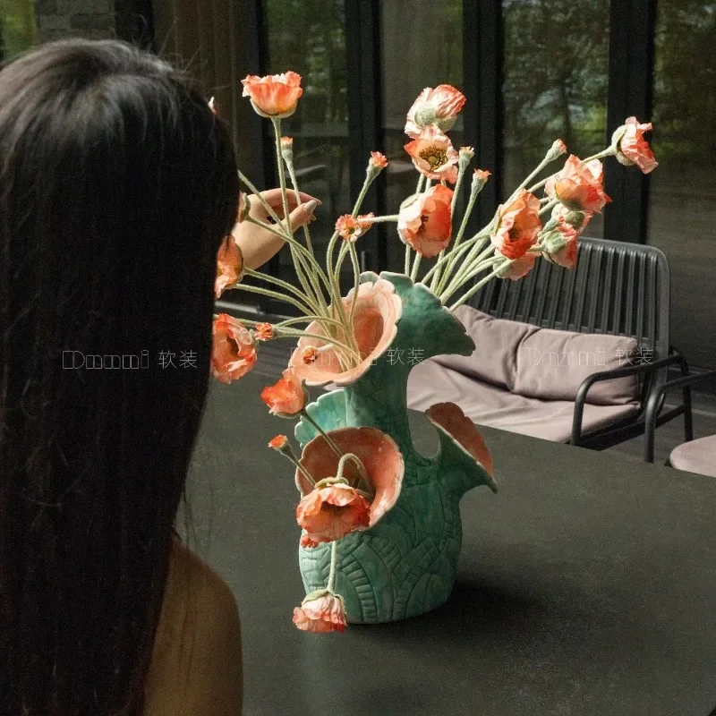Multi Opening Ceramic Vase Green Leaf Embossed Sculpture Flower Pot Artistic Floral Container Modern Gallery Tabletop Home Decor